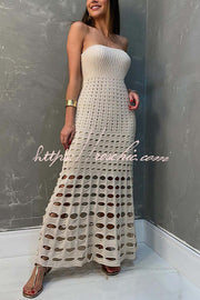 Robe longue en tricot à épaules dénudées et patchwork rustique – Coupe ample