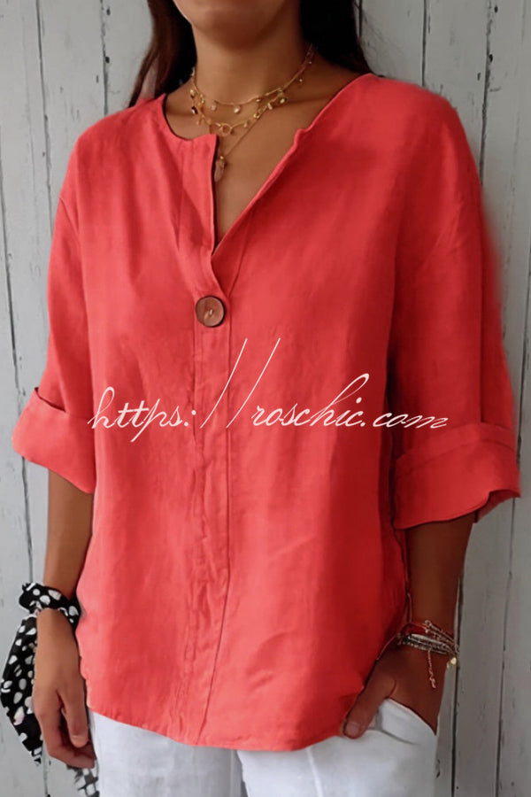 Linen Blend V-Neck Top | 3/4 Sleeve Loose Casual Blouse