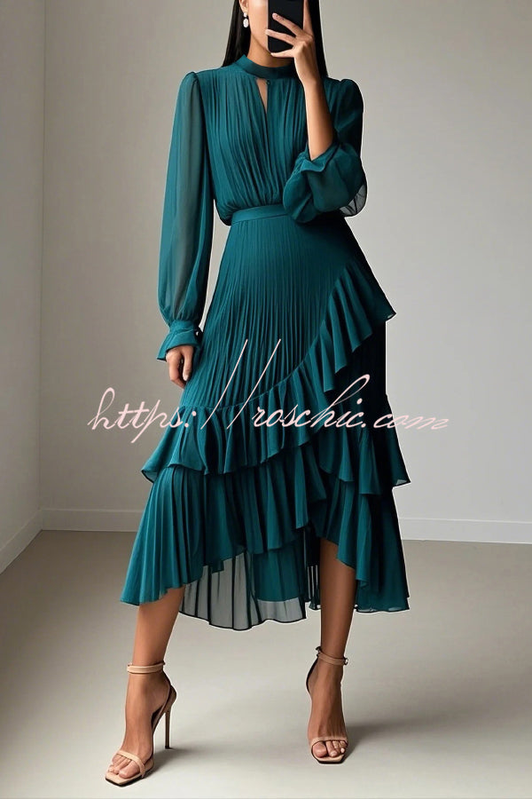 Ruffle Midi Dress Long Sleeve Round Neck Fitted Waist