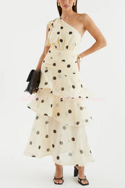 Polka Dot One-Shoulder Sleeveless Layered Mesh Maxi Dress