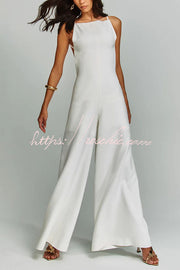 Linen Blend Wide Leg Jumpsuit with Square Neck & Pockets