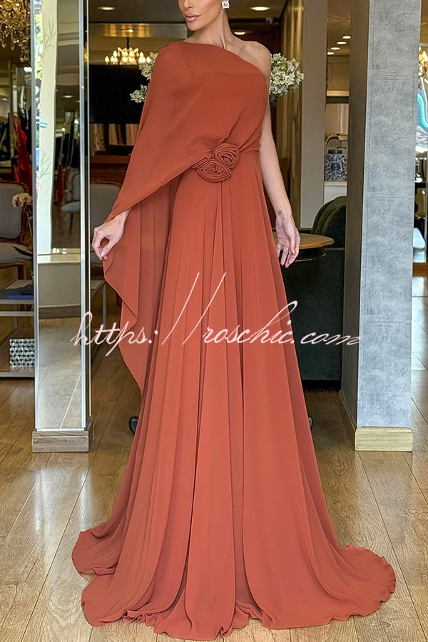 Chiffon One-Shoulder Maxi Dress with Rose Waist Detail
