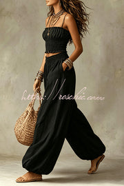 Olive Pleated Crop Top & Wide-Leg Pants Set