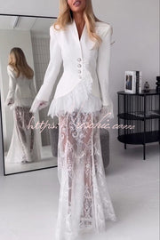 Women's Lace Flare Maxi Skirt High Rise Elastic Waist