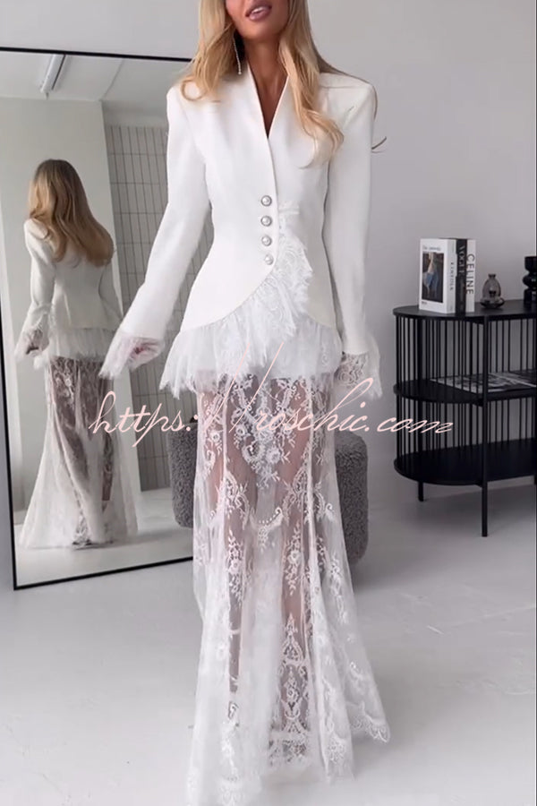 Jupe longue évasée en dentelle pour femme, taille haute, taille élastique