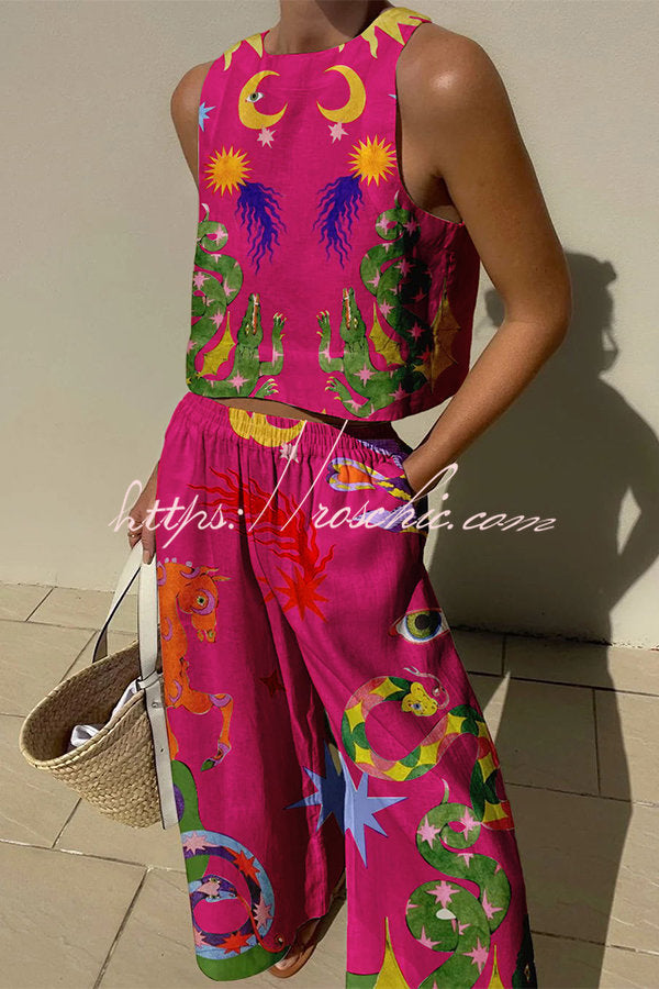 Linen Blend Printed Tank & Pants Set with Pockets