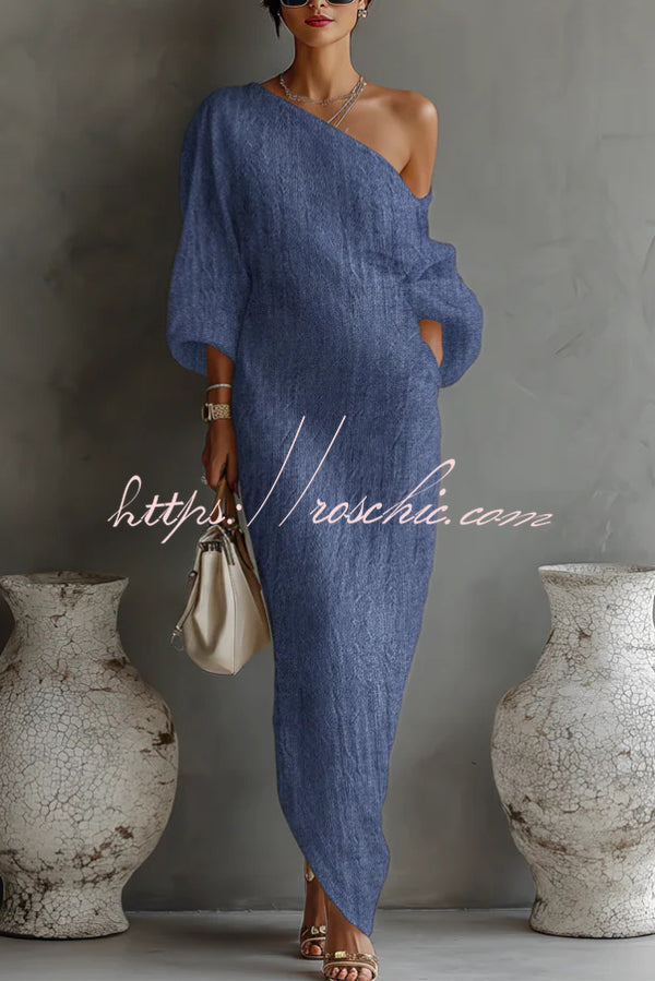 Linen Blend One-Shoulder Maxi Dress with Lantern Sleeves