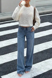 Openwork Knit Sweater – Backless Tie Back, Round Neck