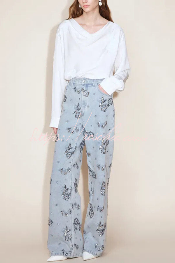 Beaded Sequin Floral Wide Leg Jeans Mid Rise with Pockets