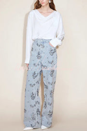 Beaded Sequin Floral Wide Leg Jeans Mid Rise with Pockets