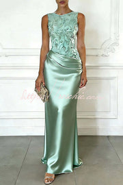Light Pink Satin Maxi Dress with Floral Embroidery