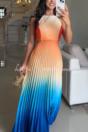Backless Halter Pleated Gradient Maxi Dress – Vacation Wear