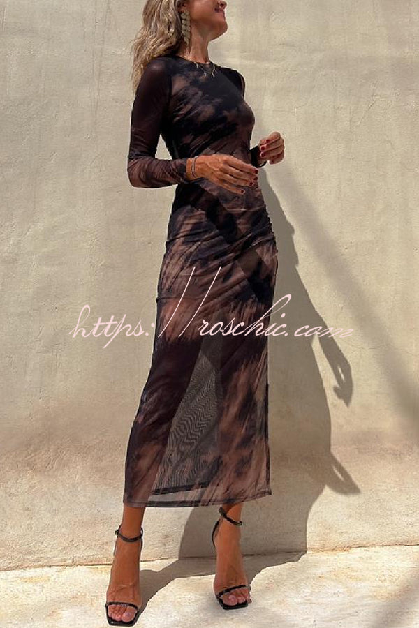 Mesh Overlay Tie Dye Long Sleeve Ruched Midi Dress