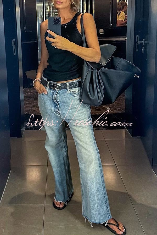 Wide Leg Washed Denim Jeans – Mid Rise Loose Fit