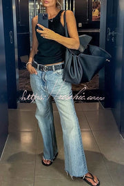 Wide Leg Washed Denim Jeans – Mid Rise Loose Fit