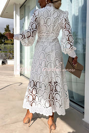 Crochet Lace Lantern Sleeve Midi Dress for Parties