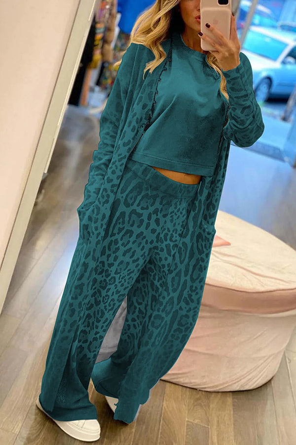 Leopard Print Cardigan & Elastic Waist Pants Lounge Set