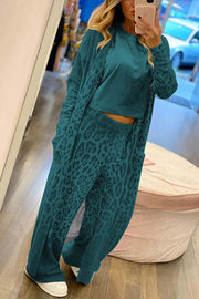 Leopard Print Cardigan & Elastic Waist Pants Lounge Set