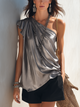 One-Shoulder-Bluse aus silbernem Satin mit Boho-Drapierung
