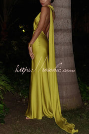 Satin One Shoulder Backless Cape Maxi Dress