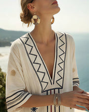 Embroidered V-Neck Printed Beach Dress – Boho Cover-Up