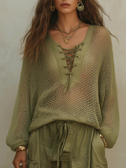 Open-Knit Olive Green Resort Top | Beach Cover-Up
