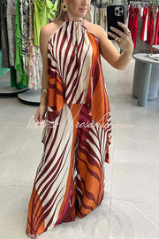 Printed High Low Halter Top & Wide Leg Pants Set