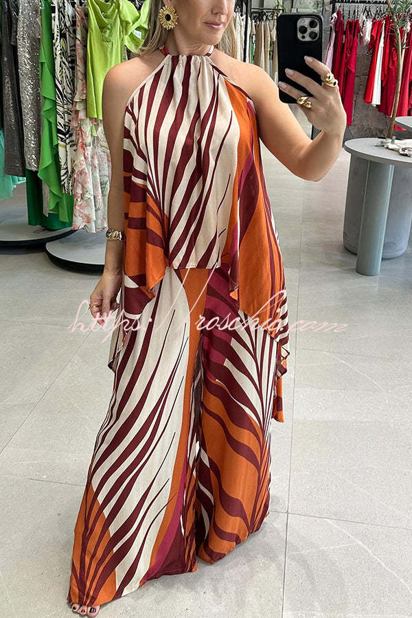 Printed High Low Halter Top & Wide Leg Pants Set