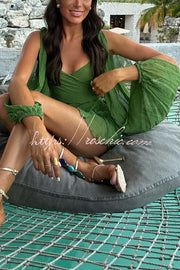 Chiffon Balloon Sleeve Mini Dress with V Neck & Back Lace-Up