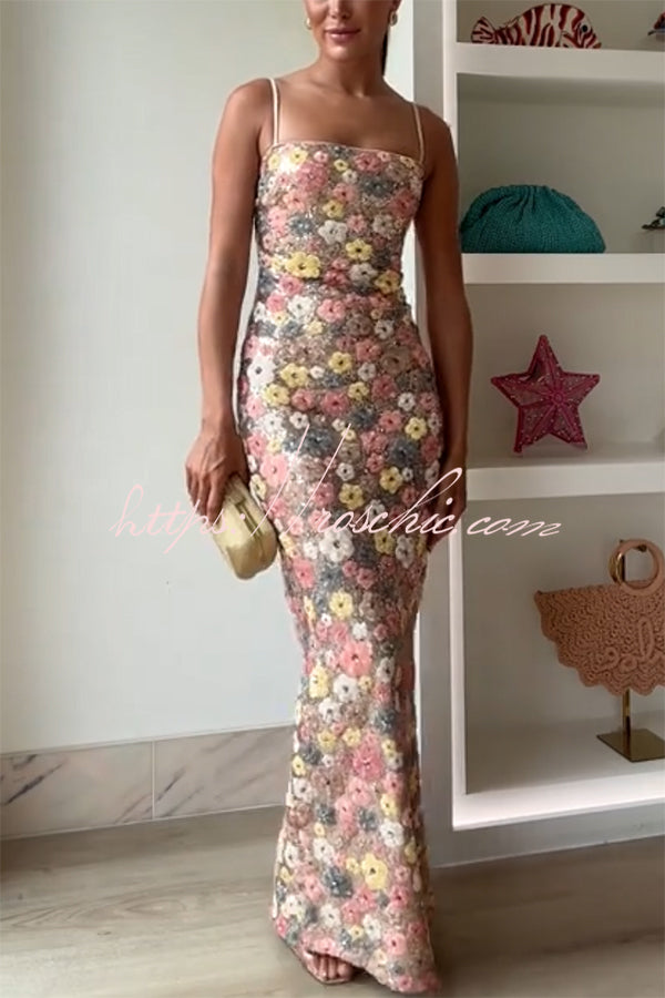Floral Sequin Maxi Dress – 80s Square Neck Slip Style
