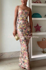 Floral Sequin Maxi Dress – 80s Square Neck Slip Style