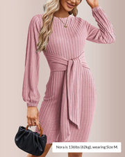 Knit Bodycon Dress with Lantern Sleeves & Ruching