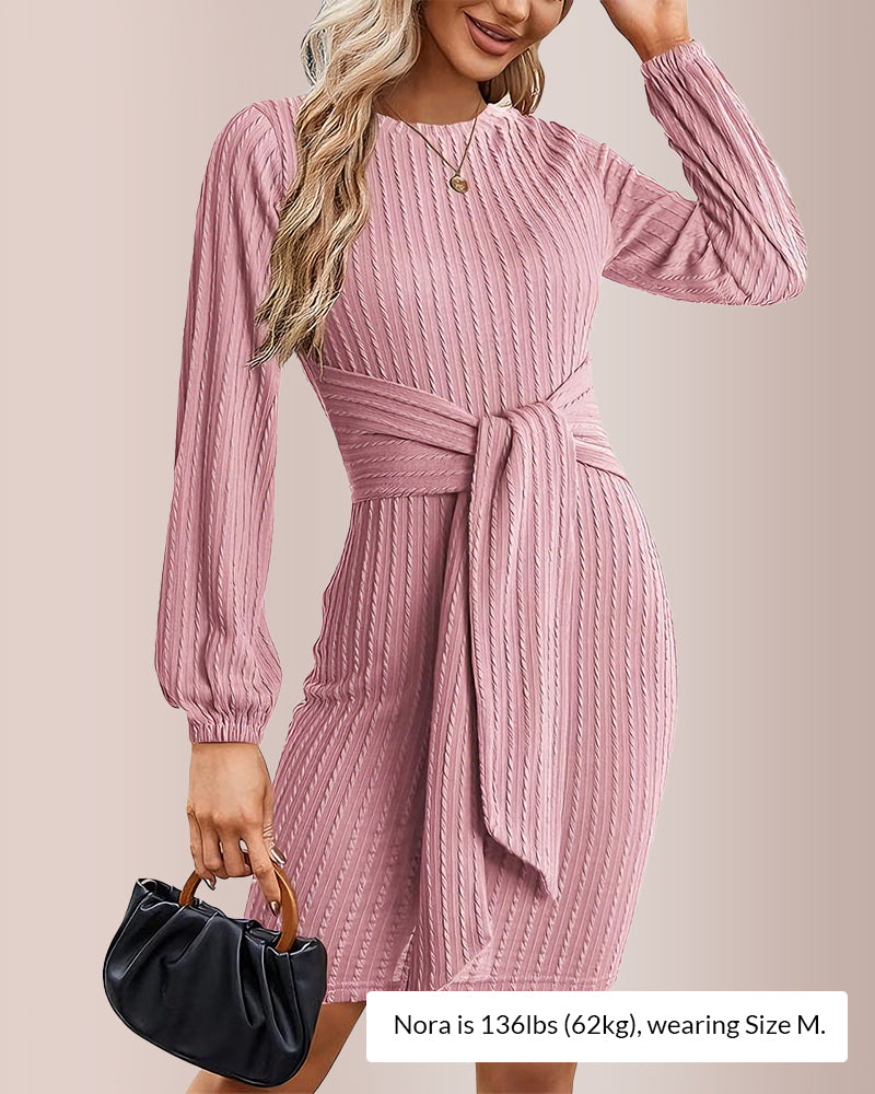Knit Bodycon Dress with Lantern Sleeves & Ruching