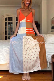 Color-Block Polka Dot Print Pleated Maxi Dress