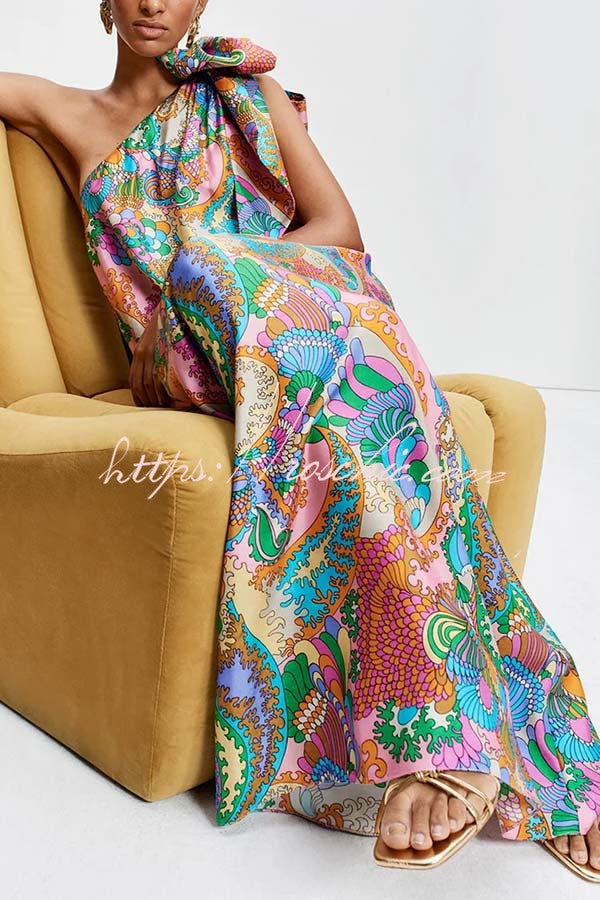 Satin One-Shoulder Maxi Dress – Rainbow Print Loose Fit