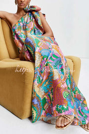 Satin One-Shoulder Maxi Dress – Rainbow Print Loose Fit