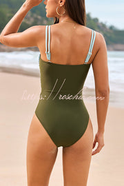 Color-block One-Piece Swimsuit with Metal Button Detail