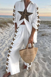 Leopard Print Oversized Shirt & Elastic Waist Pants Set