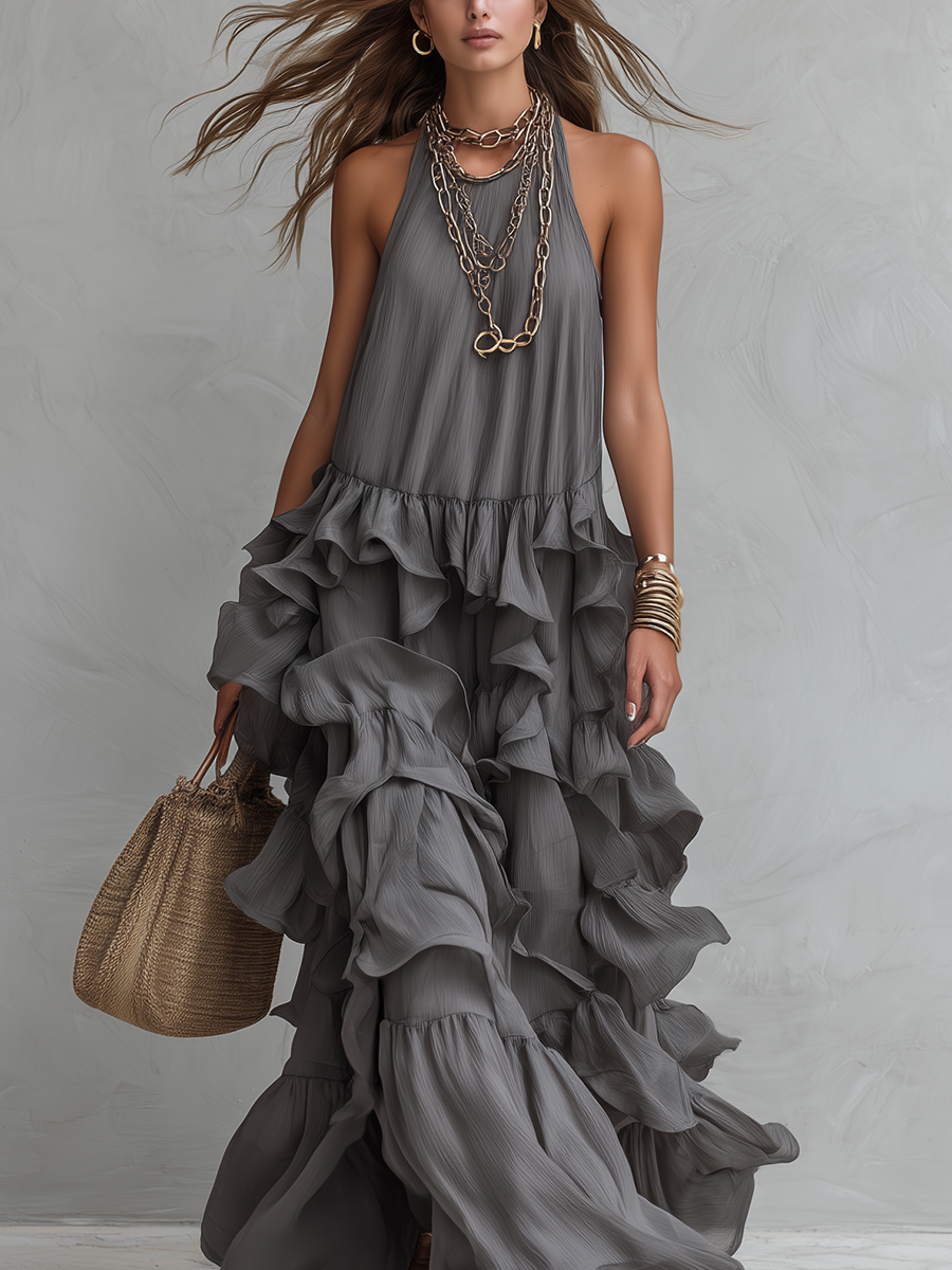 Grey Layered Ruffle Long Dress for Evening & Formal Wear