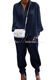 Cotton Blend Shirt Collar Top and Pant Set – Loose Fit