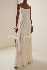 Floral Applique Pleated Chiffon Maxi Slip Dress