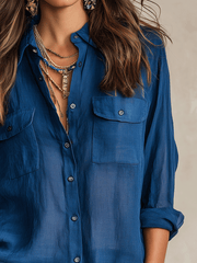 Indigo Linen Button-Down Shirt – Relaxed Long Sleeve Blouse