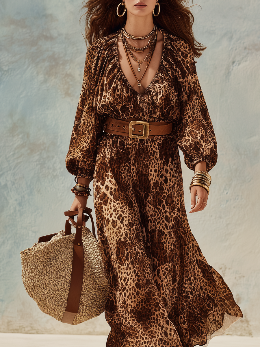 Bohemian Leopard Print Maxi Dress with Flutter Sleeves