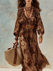 Bohemian Leopard Print Maxi Dress with Flutter Sleeves
