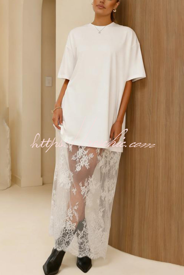 Lace Hem Maxi Dress – Loose Fit Short Sleeve Vacation Dress