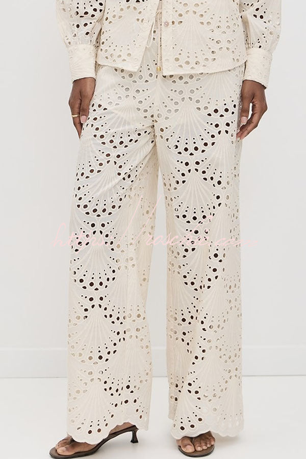 Embroidered Lace Wide Leg Pants with Elastic Waist & Pockets