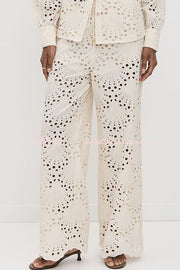 Embroidered Lace Wide Leg Pants with Elastic Waist & Pockets