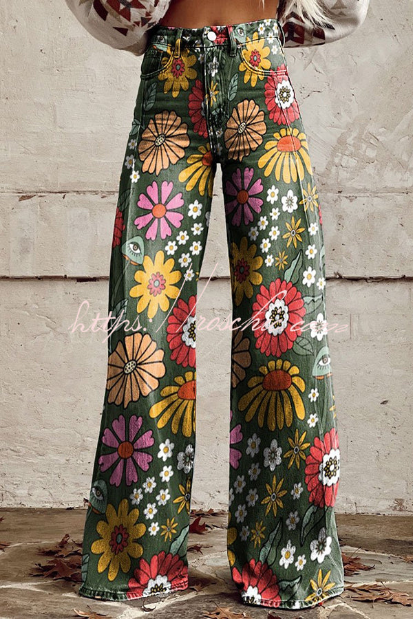 Floral Print Wide Leg Denim Pants with Pockets