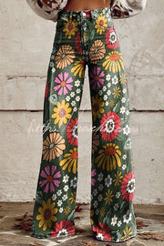 Floral Print Wide Leg Denim Pants with Pockets