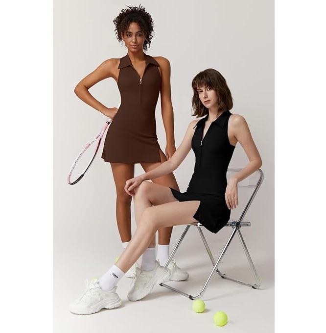 QINSEN Womens Zip Front Tennis Dress Polo Collar Racer Back Workout Golf Dresses Build in Shorts with Pockets